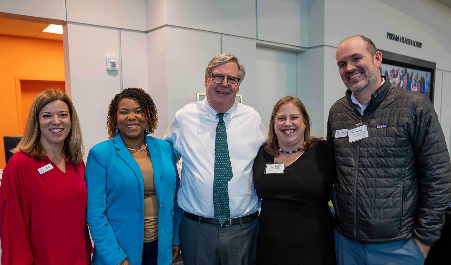 Image of the philanthropic landscape steering committee, from left to right, Katy Smith with Greater Good Greenville, Meliah Bowers Jefferson with the Jolley Foundation, Bob Morris with the Community Foundation of Greenville, Katy Sides with Hollingsworth Funds, and Andrew Ross, Hathaway Family Foundation. Not pictured, Lynn Mann with Fluor.